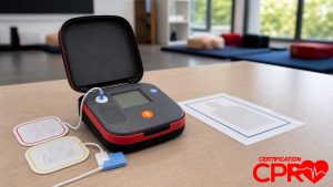 AED trainer and electrode pads for practicing voice prompts in a CPR classroom in Clearwater.