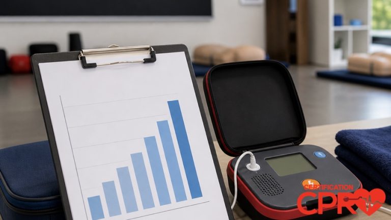 CPR statistics chart with AED trainer in a CPR classroom in Clearwater.