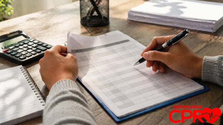 Person filling out a form for CPR certification in Clearwater, Florida.