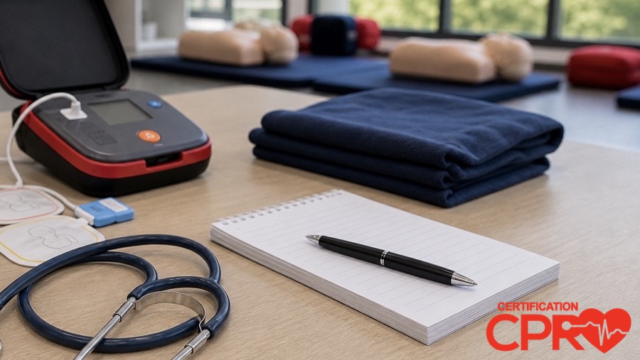 AED trainer, stethoscope, and CPR classroom supplies for an article on heart attack versus cardiac arrest in Clearwater.
