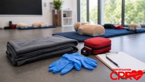 First aid training supplies for practicing seizure response in a CPR classroom in Clearwater.