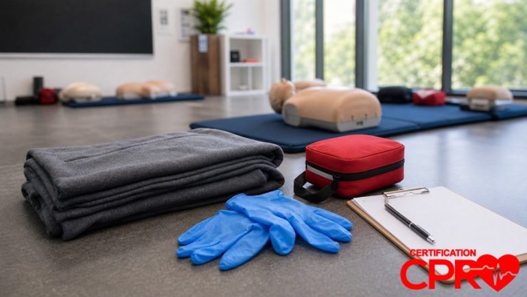 First aid training supplies for practicing seizure response in a CPR classroom in Clearwater.